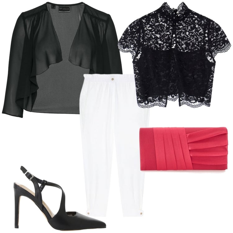 Outfit donna - Total look #2226528. Stile Sexy per Serata fuori. Abbinamento con bolero, décolleté, top, pantaloni, pochette.