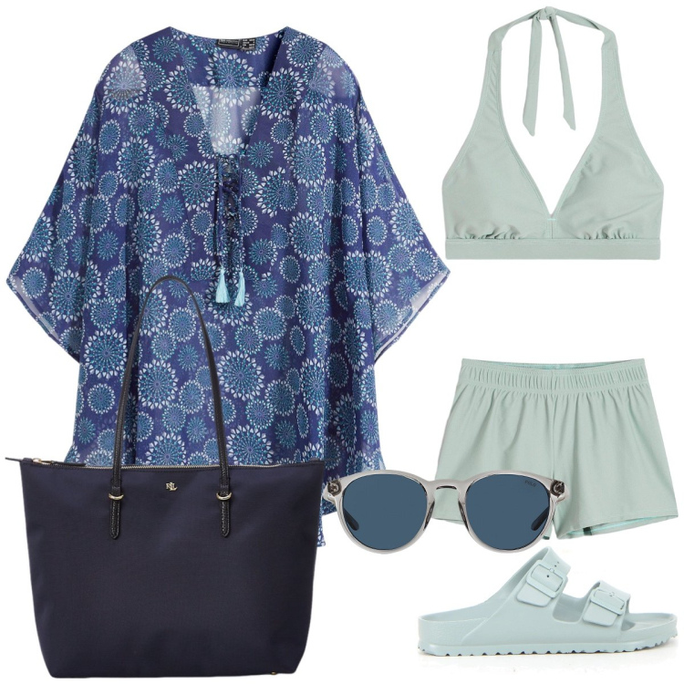 Outfit donna - In spiaggia. Stile Boho per Mare. Abbinamento con bikini, vestiti da spiaggia, occhiali da sole, borse tote, ciabatte.
