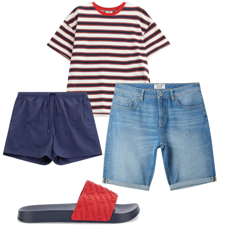 Outfit uomo - Total look #2226530. Stile Casual per Mare. Abbinamento con bermuda, t-shirt, costumi, sandali.