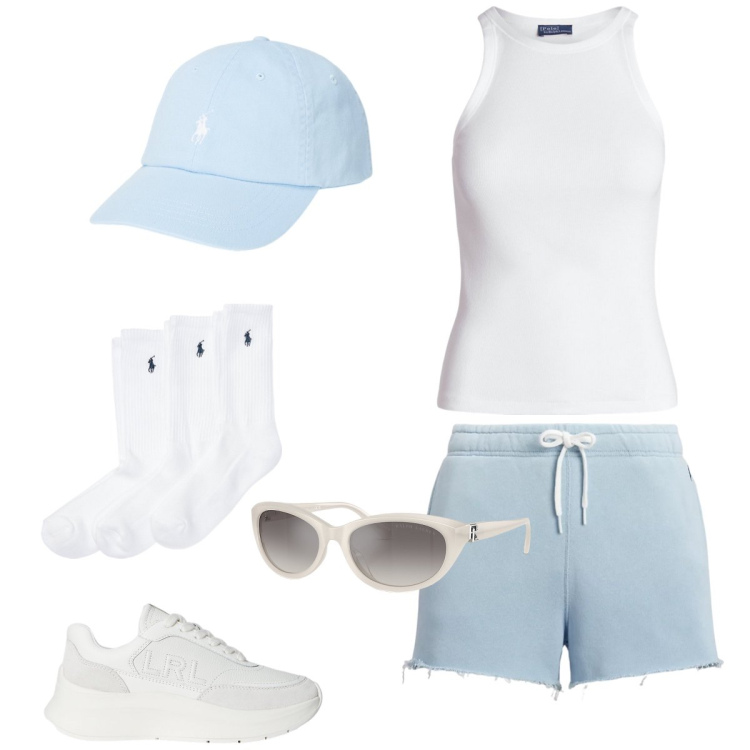 Outfit donna - Jogging. Stile Sporty chic per Sport. Abbinamento con calzini, canottiere, cappelli, sneakers, shorts, occhiali da sole.