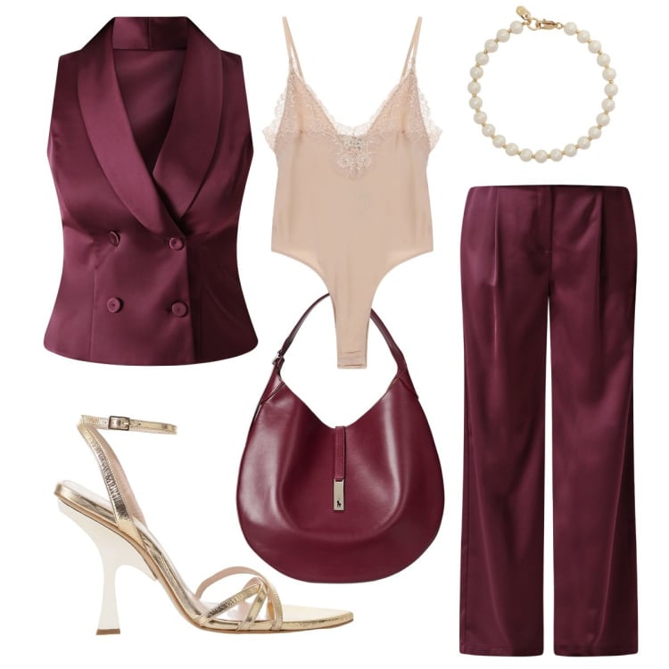 Outfit donna - Cena di gala. Stile Chic per Serata fuori. Abbinamento con gilet, pantaloni a palazzo, sandali col tacco, body, braccialetti, borse a spalla.