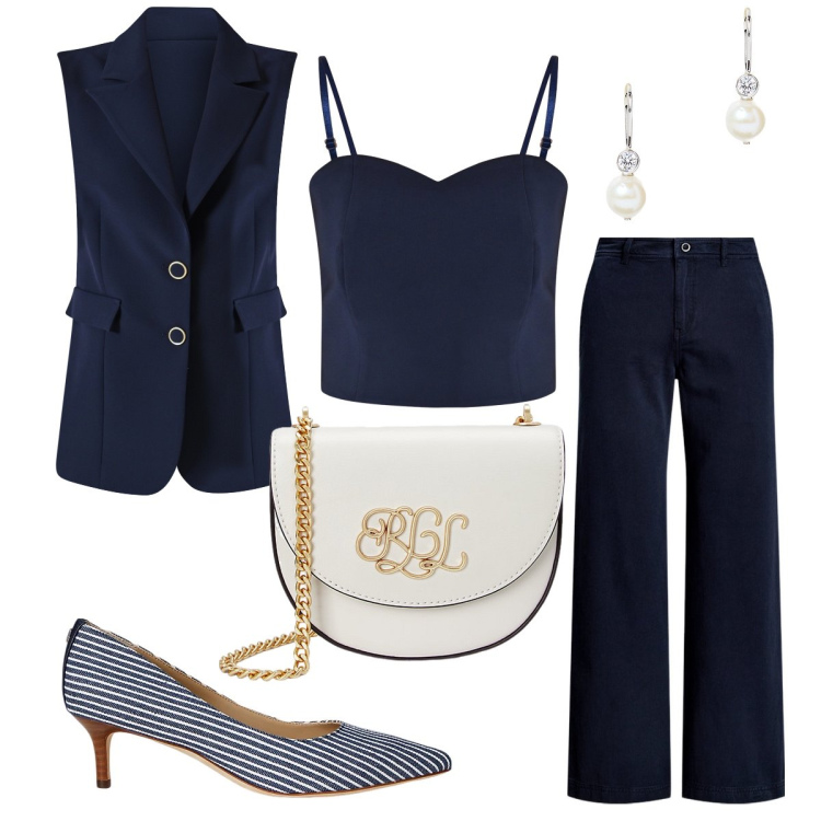 Outfit donna - Il completo blu notte. Stile Chic per Serata fuori. Abbinamento con gilet, top, décolleté, pantaloni, borse a tracolla, orecchini.