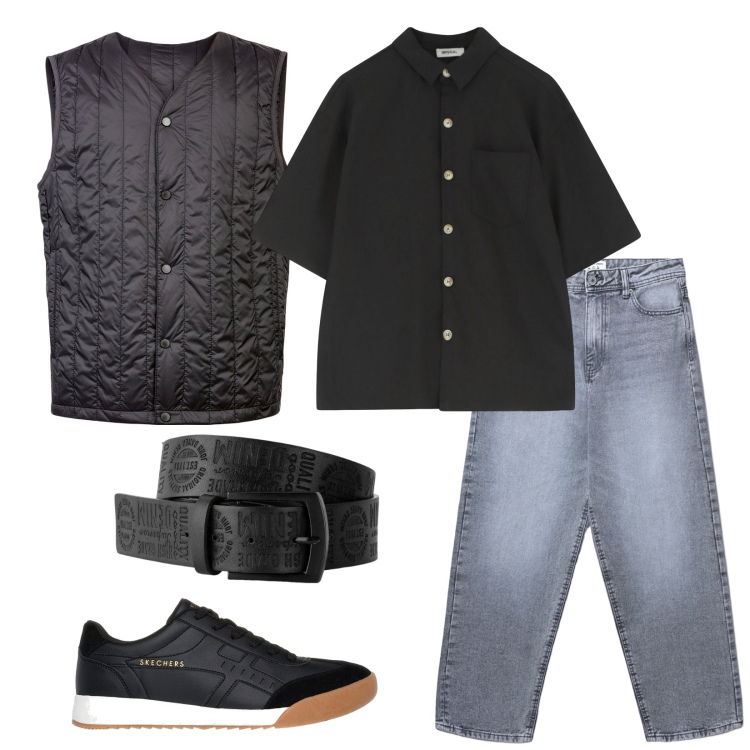 Outfit uomo - Total look #2226536. Stile Casual per Tutti i giorni. Abbinamento con cinture, jeans, camicie a manica corta, piumini, sneakers.