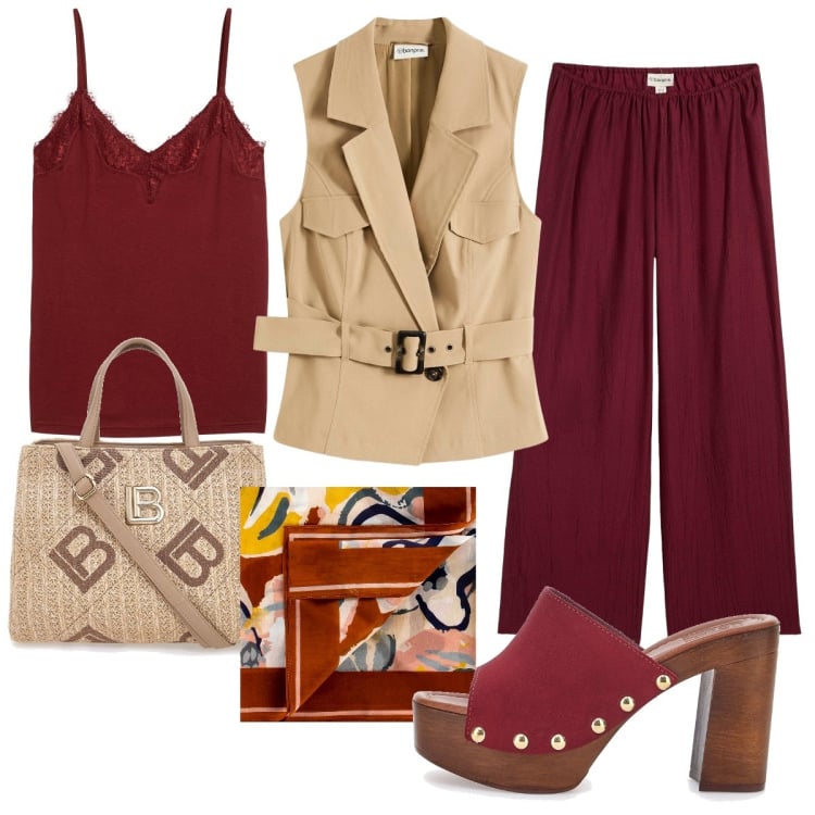 Outfit donna - Il gilet con le tasche. Stile Trendy per Serata fuori. Abbinamento con gilet, pantaloni, top, foulard, zoccoli, borse a tracolla.
