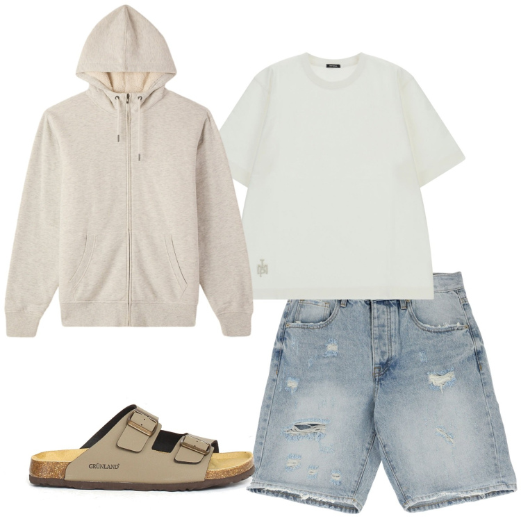 Outfit uomo - My son. Stile Casual per Tutti i giorni. Abbinamento con felpe con cappuccio, bermuda, t-shirt, sandali.