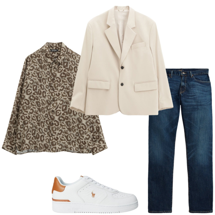 Outfit uomo - Evento estivo. Stile Trendy per Serata speciale. Abbinamento con camicie, giacche, sneakers, jeans dritti.