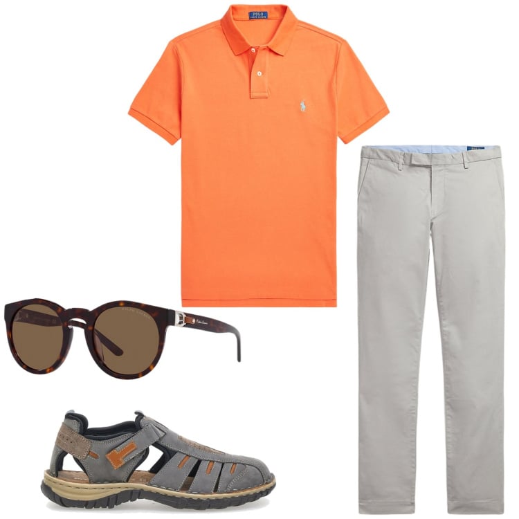 Outfit uomo - Total look #2226554. Stile Casual per Tutti i giorni. Abbinamento con polo, pantaloni chino, occhiali da sole, sandali.
