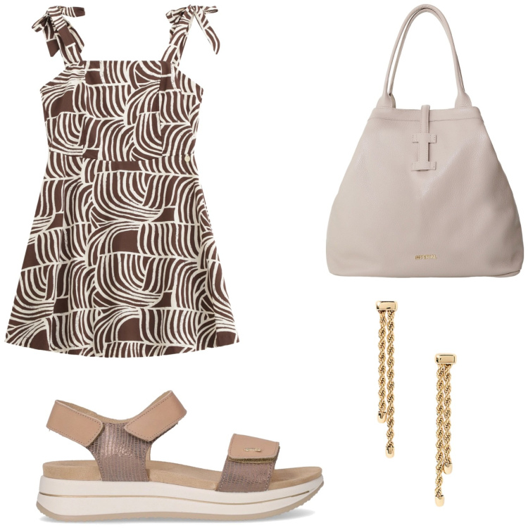 Outfit donna - Sundresses. Stile Urban per Tutti i giorni. Abbinamento con vestiti corti, borse tote, orecchini, sandali.