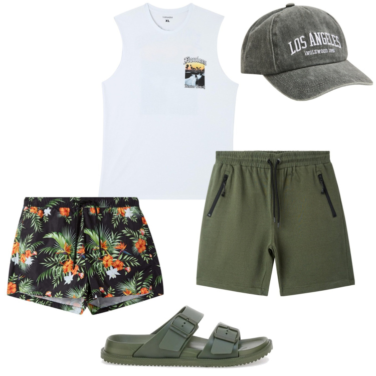 Outfit uomo - Tutti al mare. Stile Casual per Mare. Abbinamento con bermuda, costumi, canottiere, cappelli, sandali.