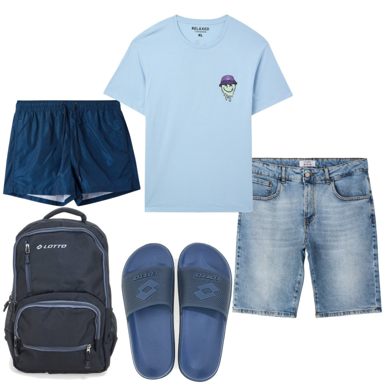 Outfit uomo - Destinazione mare. Stile Casual per Mare. Abbinamento con bermuda, t-shirt, costumi, sandali, borse sportive.