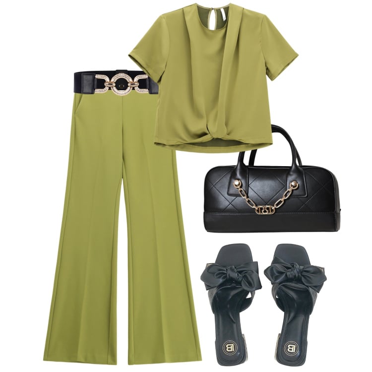 Outfit donna - Colori nuovi H24. Stile Trendy per Tutti i giorni. Abbinamento con cinture, borse a mano, pantaloni, bluse, ciabatte.