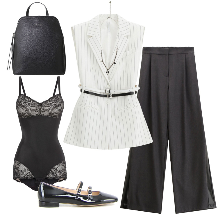 Outfit donna - Minimal chic. Stile Minimal per Ufficio. Abbinamento con body, pantaloni, zaini, gilet, ciondoli, ballerine.