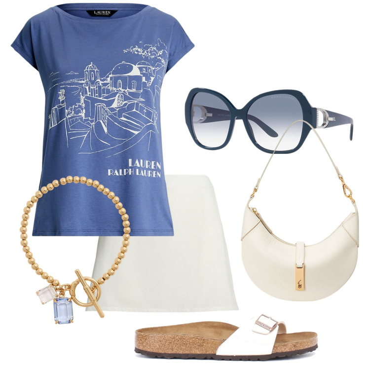 Outfit donna - T-shirt con grafica. Stile Trendy per Tutti i giorni. Abbinamento con minigonne, occhiali da sole, borse a spalla, braccialetti, t-shirt, ciabatte.
