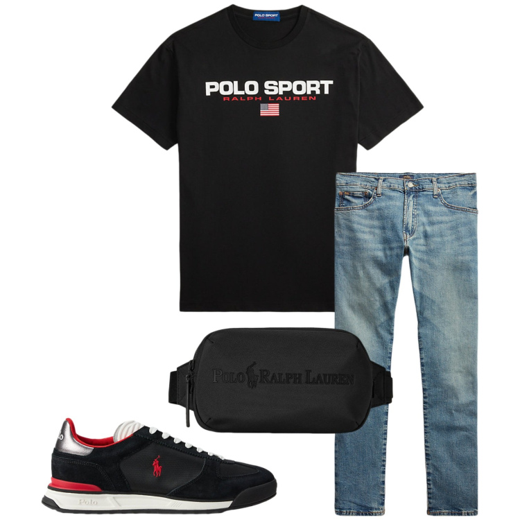 Outfit uomo - Total look #2226566. Stile Casual per Tutti i giorni. Abbinamento con jeans, borse sportive, sneakers, t-shirt.
