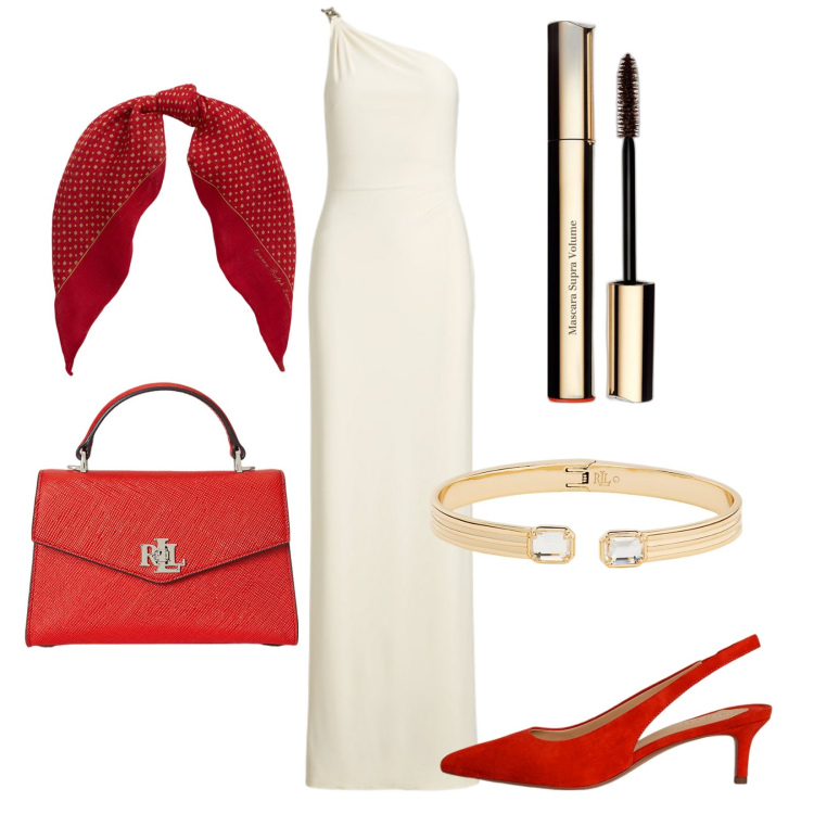 Outfit donna - Imperiale. Stile Chic per Cerimonia. Abbinamento con mascara, braccialetti, décolleté, borse a mano, foulard, vestiti asimmetrici.
