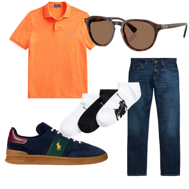 Outfit uomo - Total look #2226568. Stile Casual per Tutti i giorni. Abbinamento con calzini, polo, sneakers, occhiali da sole, jeans dritti.