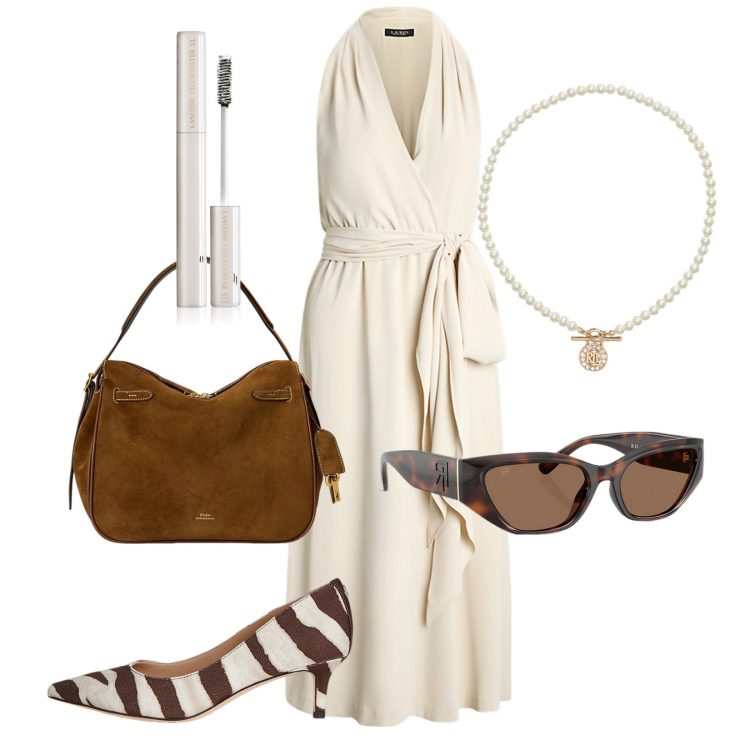 Outfit donna - Aperitivi estivi. Stile Trendy per Serata fuori. Abbinamento con primer, vestiti senza maniche, décolleté, borse a mano, ciondoli, occhiali da sole.