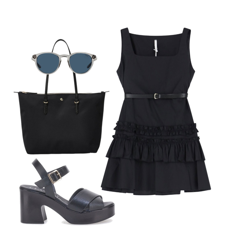Outfit donna - Ufficio. Stile Chic per Ufficio. Abbinamento con vestiti corti, occhiali da sole, borse tote, sandali col tacco.