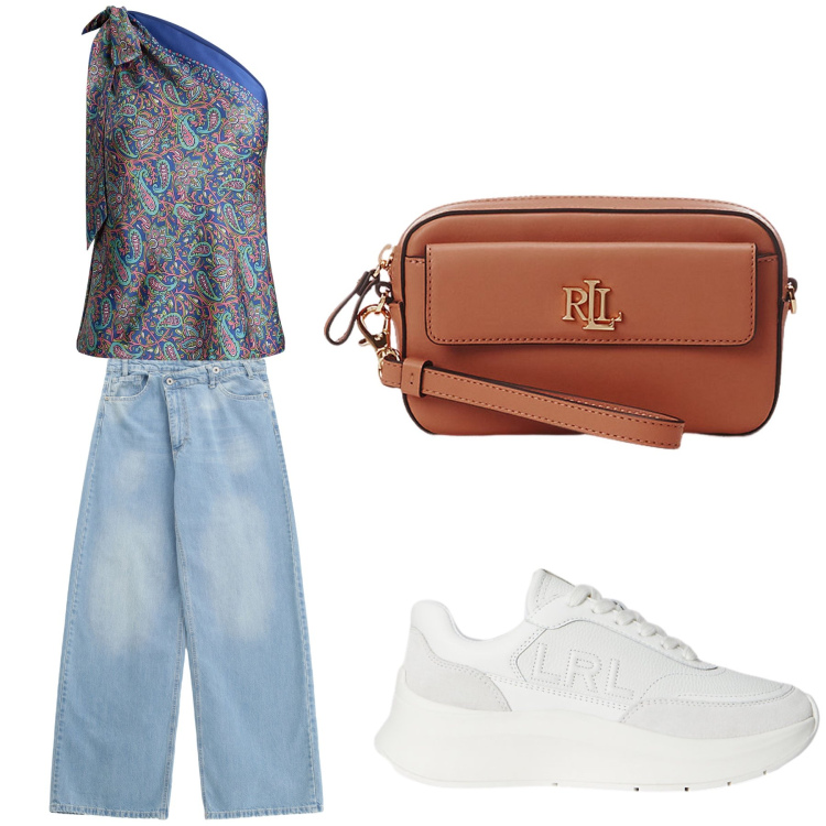 Outfit donna - Aperitivo. Stile Trendy per Tutti i giorni. Abbinamento con jeans, pochette, top, sneakers.