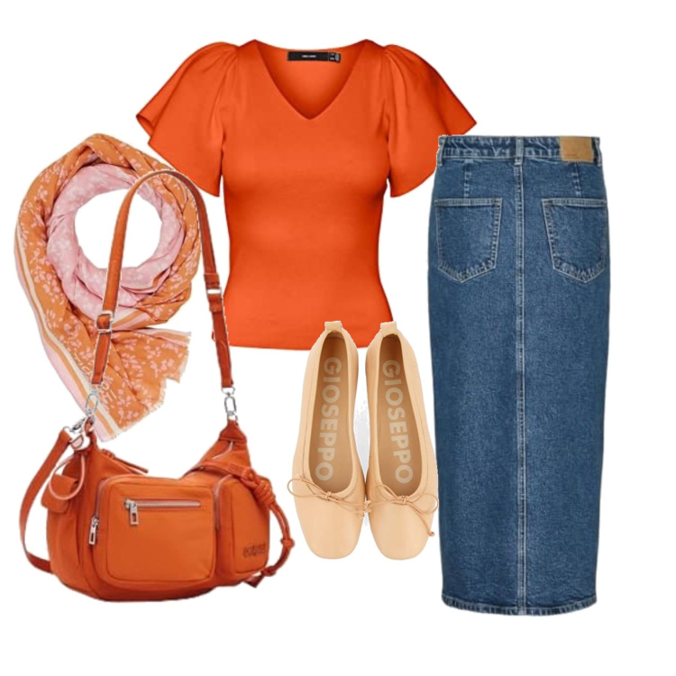 Outfit femme - Août. Style Casual pour Tous les jours. Assortir avec pulls, jupes au genou, ballerines, sacs en bandoulière, écharpes.
