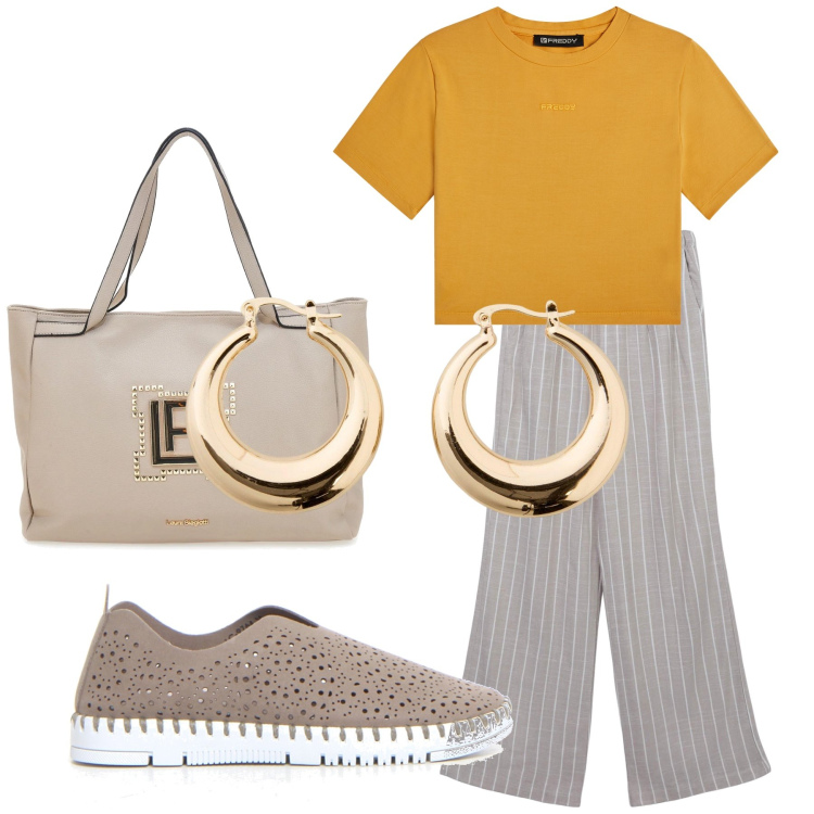 Outfit donna - Commissioni pre ferragosto. Stile Casual chic per Tutti i giorni. Abbinamento con orecchini, pantaloni, t-shirt, borse a spalla, sneakers.
