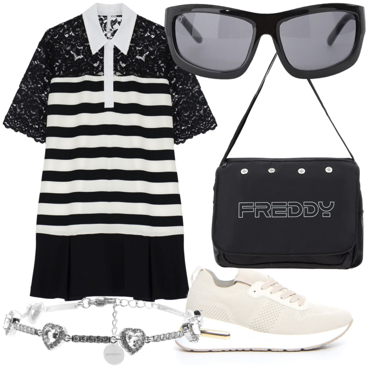 Outfit donna - Una cena sporty chic. Stile Sporty chic per Serata fuori. Abbinamento con vestiti corti, occhiali da sole, borse messenger, braccialetti, sneakers.