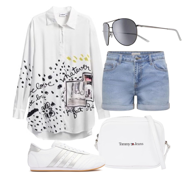 Outfit femme - Août. Style Tendance pour Tous les jours. Assortir avec chemisiers, sneakers, short, sacs en bandoulière, lunettes de soleil.