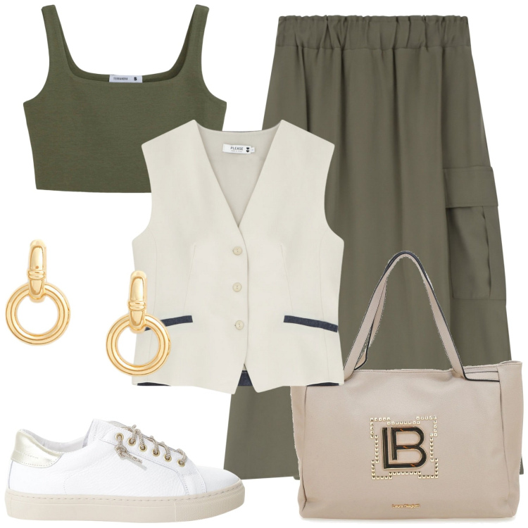 Outfit donna - Da amici il pomeriggio. Stile Casual per Tutti i giorni. Abbinamento con reggiseni, gilet, gonne lunghe, sneakers, orecchini, borse a spalla.