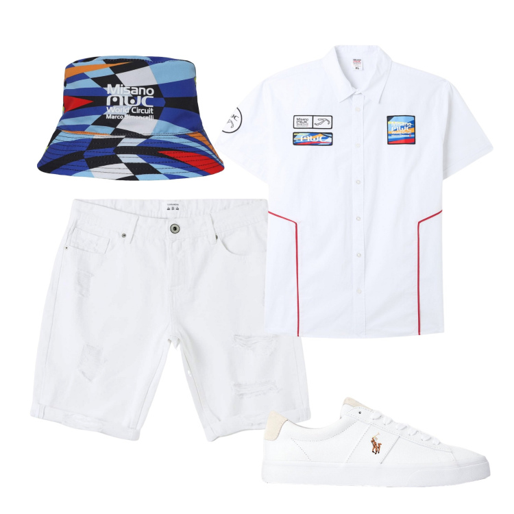 Outfit uomo - Il cappellino colorato. Stile Trendy per Tutti i giorni. Abbinamento con cappelli, bermuda, camicie a manica corta, sneakers.