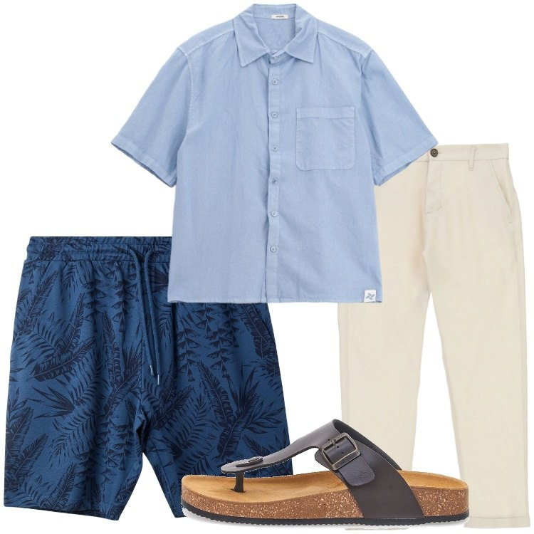Outfit uomo - Costumi da bagno minimal chic. Stile Trendy per Mare. Abbinamento con costumi, camicie, pantaloni, sandali.