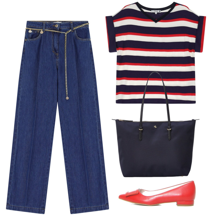 Outfit donna - Le ballerine rosse. Stile Casual chic per Ufficio. Abbinamento con jeans, t-shirt, borse tote, ballerine.
