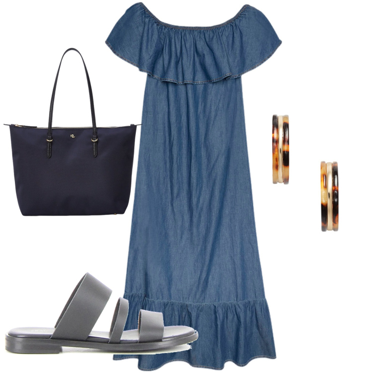 Outfit donna - Fiorella Rubino abito. Stile Boho per Tutti i giorni. Abbinamento con borse tote, orecchini, vestiti lunghi, ciabatte.