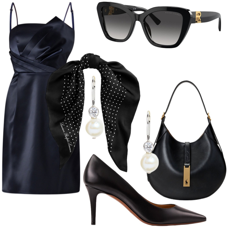 Outfit donna - Cenetta intima. per Serata fuori. Abbinamento con vestiti corti, occhiali da sole, borse a spalla, foulard, décolleté, orecchini.