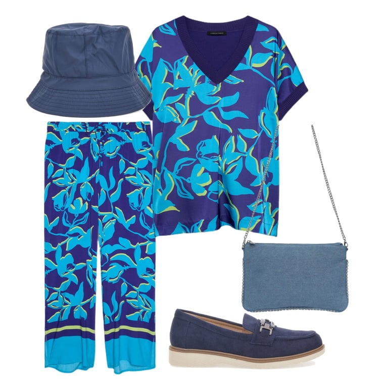 Outfit donna - Coordinata Fiorella Rubino. Stile Casual per Tutti i giorni. Abbinamento con borse a tracolla, mocassini, berretti, pantaloni a palazzo, bluse.