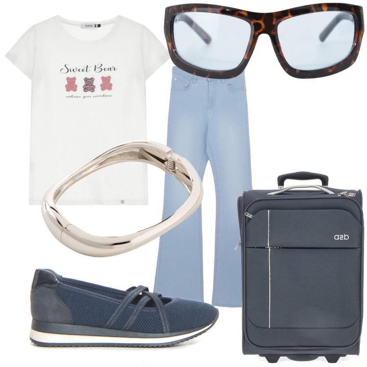 Outfit donna - Ultime partenze. Stile Casual per Tutti i giorni. Abbinamento con braccialetti, jeans a zampa, t-shirt, occhiali da sole, ballerine, valigie.