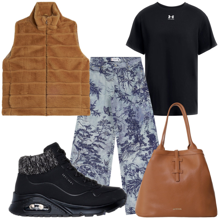 Outfit donna - Monti chic. Stile Casual chic per Tutti i giorni. Abbinamento con pantaloni, borse tote, gilet, t-shirt, sneakers alte.