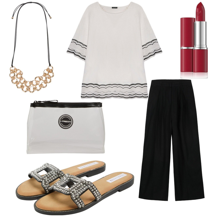 Outfit donna - Total look #2226667. Stile Casual chic per Tutti i giorni. Abbinamento con rossetti, ciabatte, valigie, bluse, pantaloni, collane.