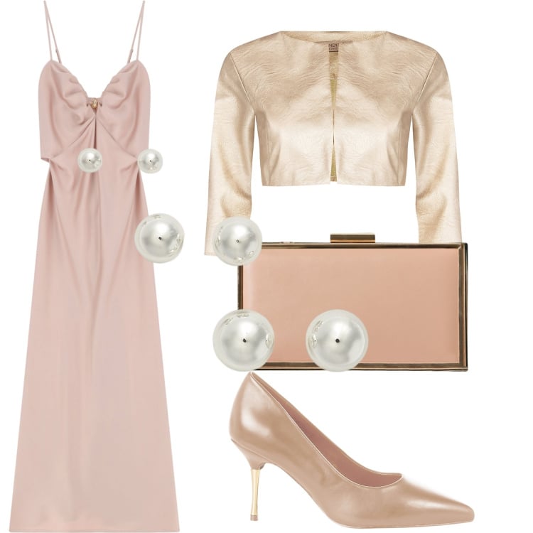 Outfit donna - Testimone della sposa. Stile Bon Ton per Cerimonia. Abbinamento con bolero, décolleté, pochette, vestiti lunghi, orecchini.