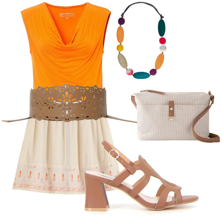 Outfit donna - Una giornata energica. Stile Casual per Tutti i giorni. Abbinamento con top, minigonne, borse a tracolla, cinture, sandali col tacco, collane.