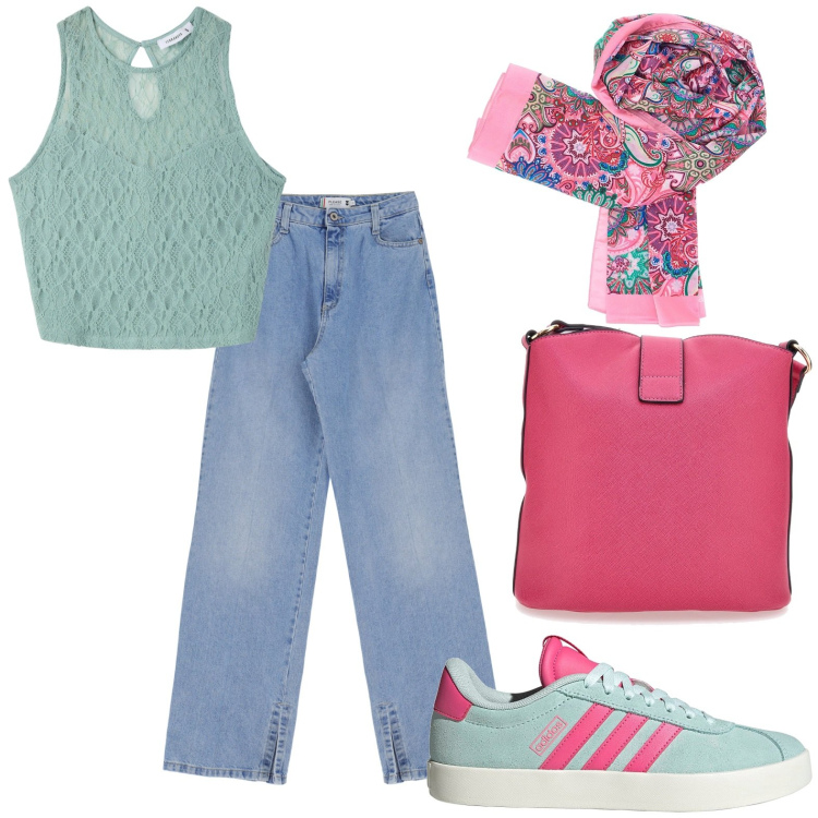 Outfit donna - Comoda. Stile Casual per Tutti i giorni. Abbinamento con top, jeans, foulard, sneakers, borse a spalla.