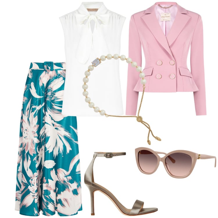Outfit donna - Total look #2226682. Stile Chic per Cerimonia. Abbinamento con blazer, top, gonne, braccialetti, occhiali da sole, sandali col tacco.