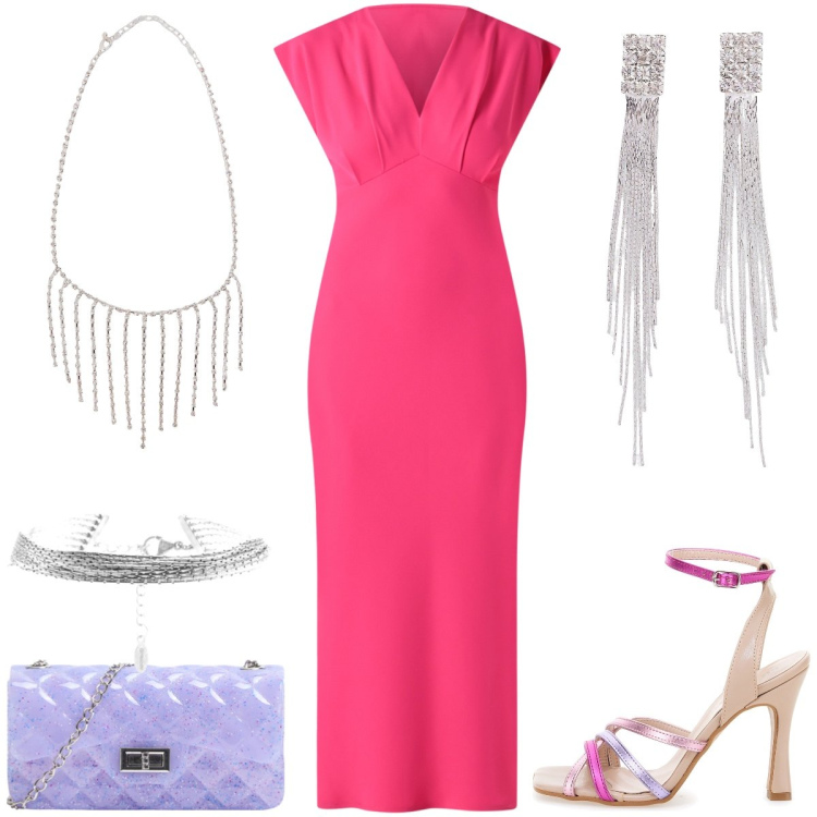 Outfit donna - Cerimonia. Stile Chic per Cerimonia. Abbinamento con orecchini, borse a tracolla, collane, vestiti midi/longuette, braccialetti, sandali col tacco.