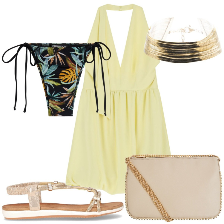 Outfit donna - Total look #2226717. Stile Trendy per Mare. Abbinamento con borse a tracolla, vestiti corti, bikini, braccialetti, sandali in pelle.