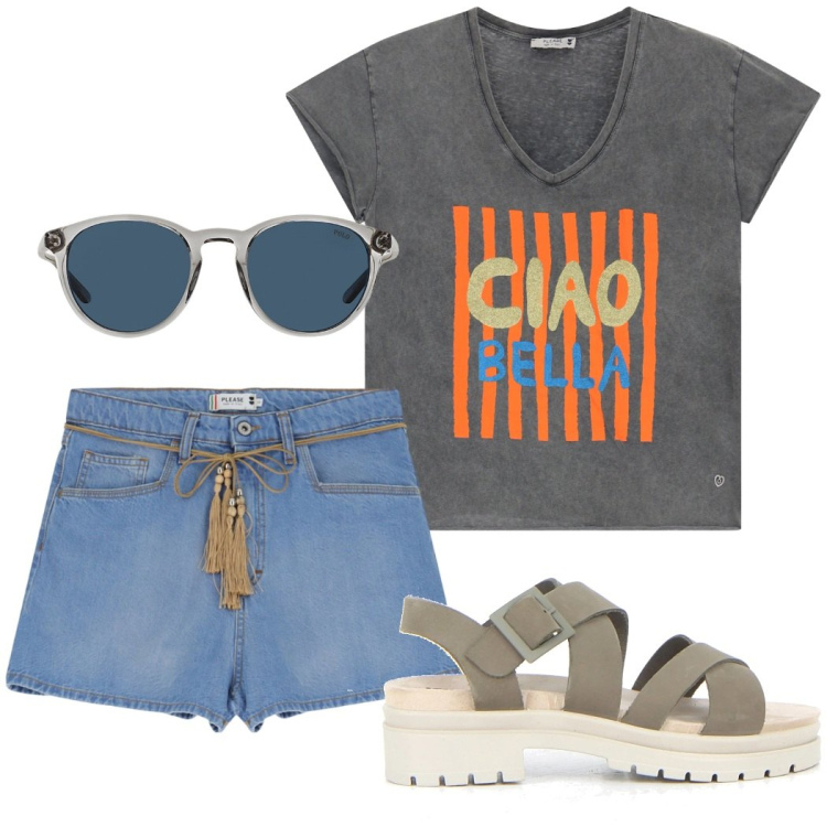 Outfit donna - La t-shirt stampata. Stile Casual per Tutti i giorni. Abbinamento con shorts, t-shirt, occhiali da sole, sandali.