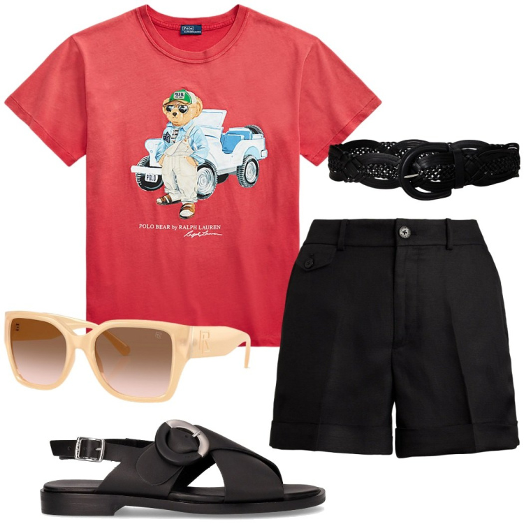 Outfit donna - Una t-shirt e via!. Stile Casual chic per Tutti i giorni. Abbinamento con occhiali da sole, cinture, shorts, t-shirt, sandali.