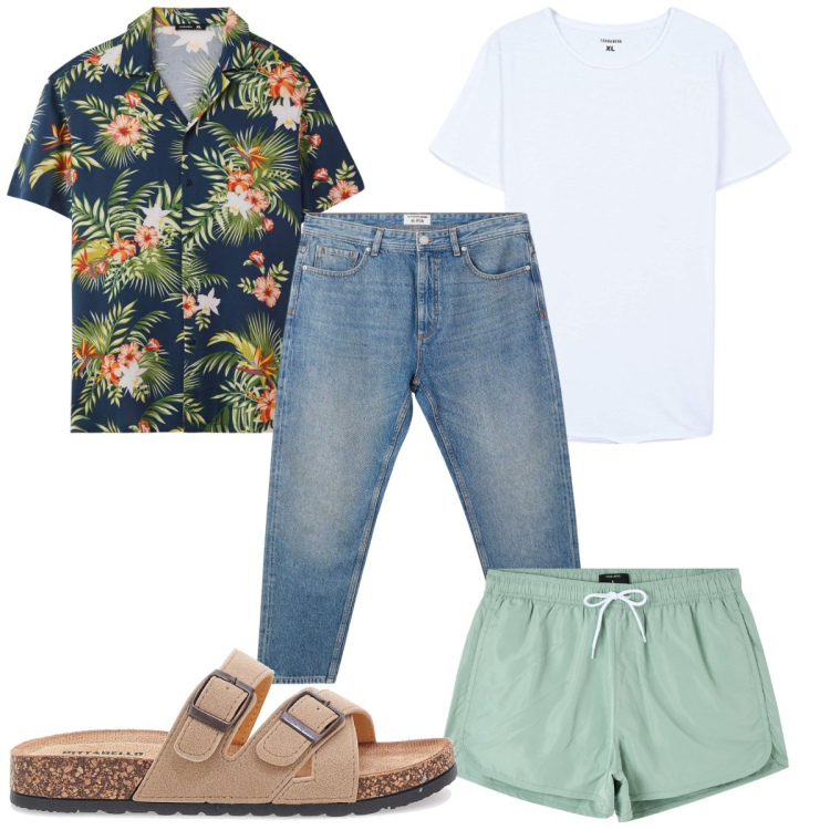 Outfit uomo - Total look #2226728. Stile Trendy per Mare. Abbinamento con costumi, jeans, t-shirt, camicie a manica corta, sandali.