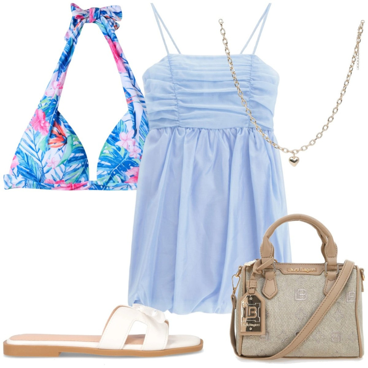 Outfit donna - Total look #2226735. Stile Trendy per Mare. Abbinamento con bikini, collane, vestiti corti, borse a tracolla, ciabatte.