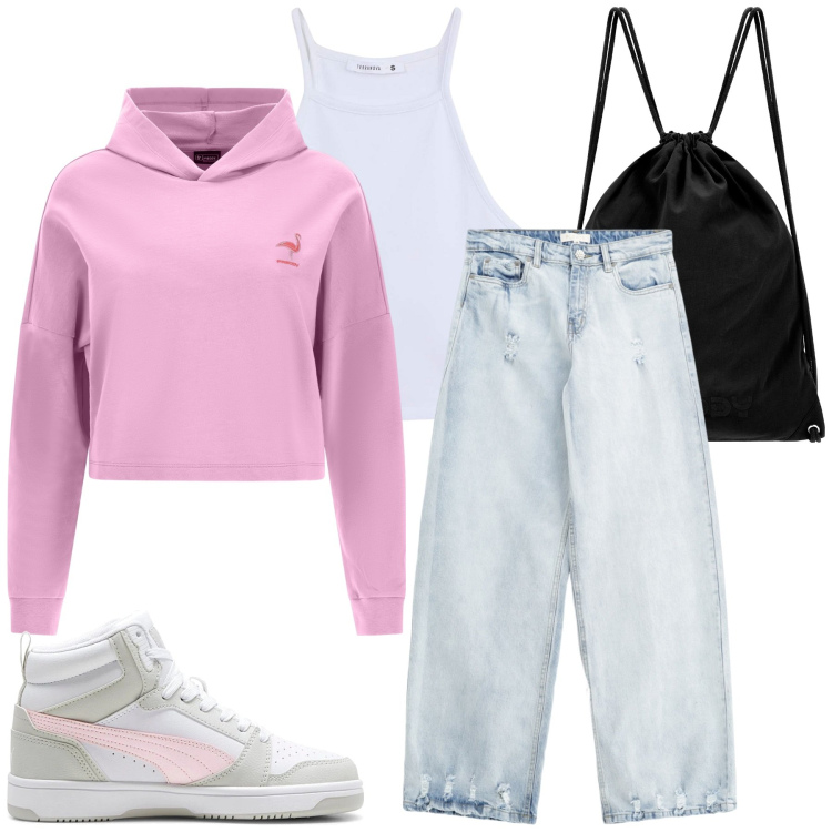 Outfit donna - Total look #2226737. Stile Basic per Tutti i giorni. Abbinamento con top sportivi, jeans, felpe con cappuccio, zaini, sneakers alte.
