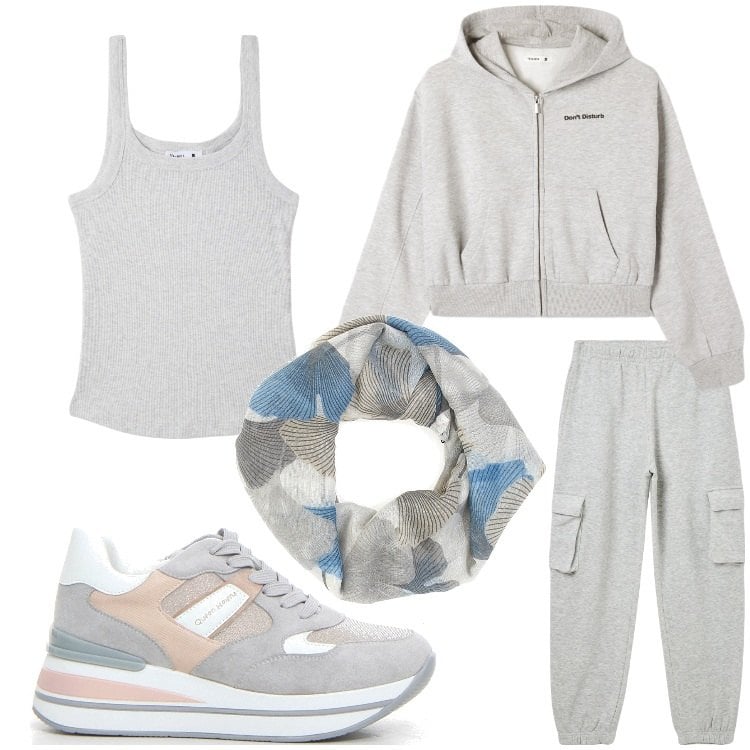 Outfit donna - Passeggiata in montagna. Stile Casual per Sport. Abbinamento con felpe con cappuccio, canottiere, pantaloni cargo, foulard, sneakers.