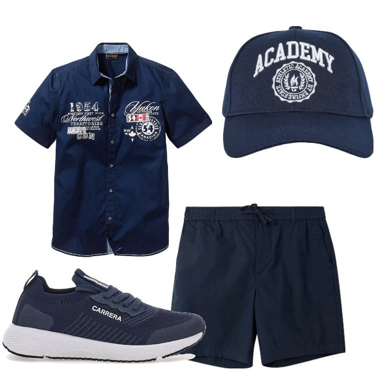 Outfit uomo - Blu a ferragosto. Stile Casual per Tutti i giorni. Abbinamento con camicie a manica corta, pantaloni corti, cappelli con visiera, sneakers.